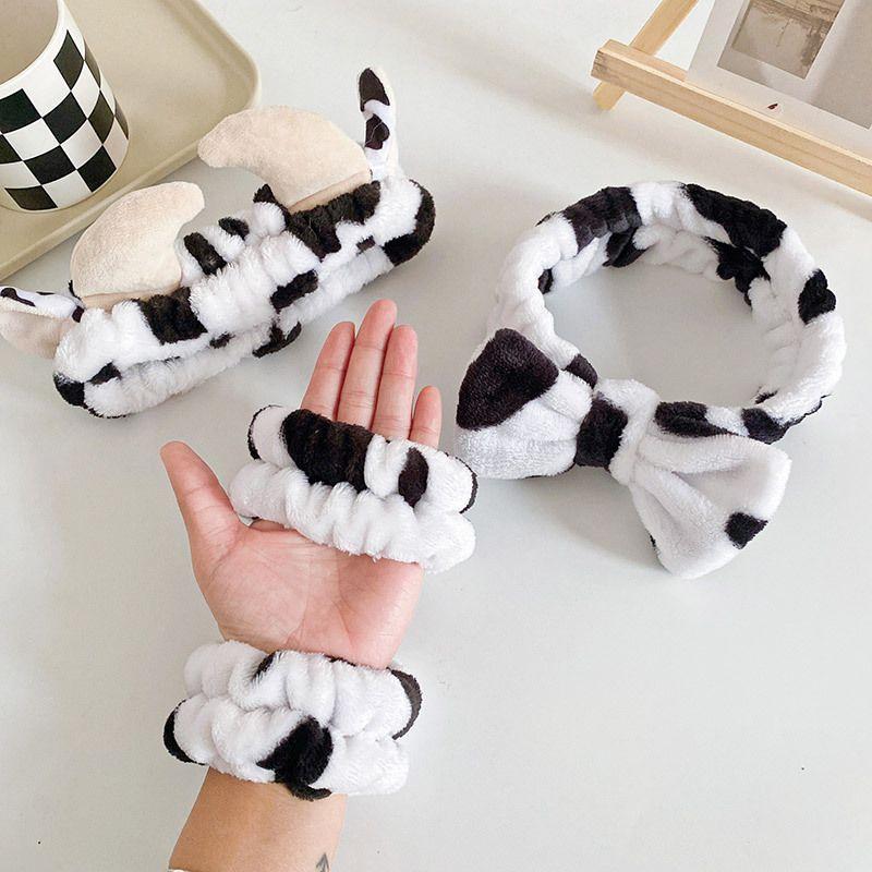 2/3pcs Cow patterned headband tied with polka dot cow horn wrist strap set for washing face headband cute