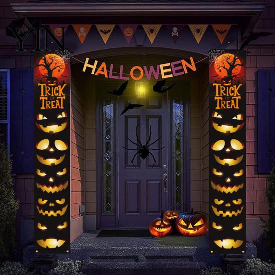Party Hanging Decoration Halloween Porch Sign Banner, Pumpkin Ghost Awning Wall Eye-catching Door Backdrop Decoration, Front Wreath Banner Yard