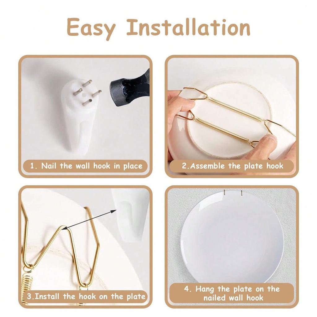 4/6/8/10/12 Inch Plate Dish Hangers Holder W-shaped Wall Display Decorative Invisible Spring Hanging Hook Golden