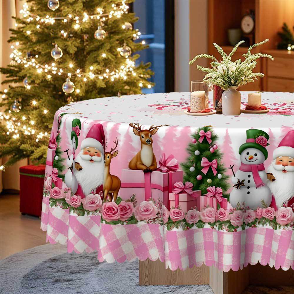 Pink Girl Christmas Table Cloth, Snowman Reindeer Gift Plaid Tablecloth, Pink Rose Lace Table Cloth
