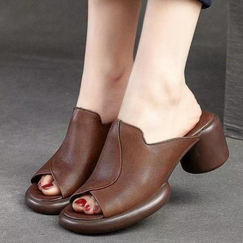 Summer New Fish Mouth Temperament Thick Heel Medium Thick Heel Cylinder and Soft Bottom Cool Slippers Are Light and Fashionable