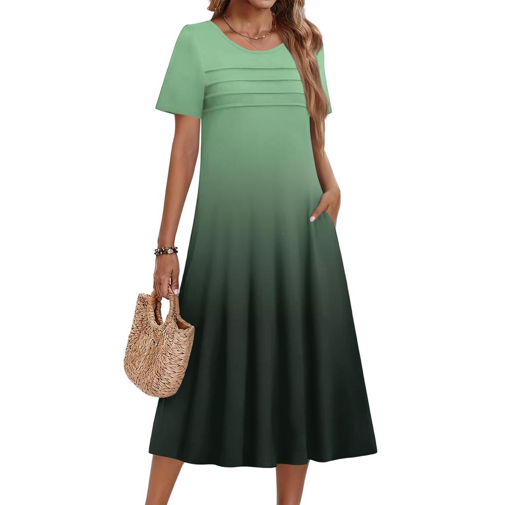 Ladies' Gradient Printed Casual And Fashionable Short Sleeved Round Neck Dress