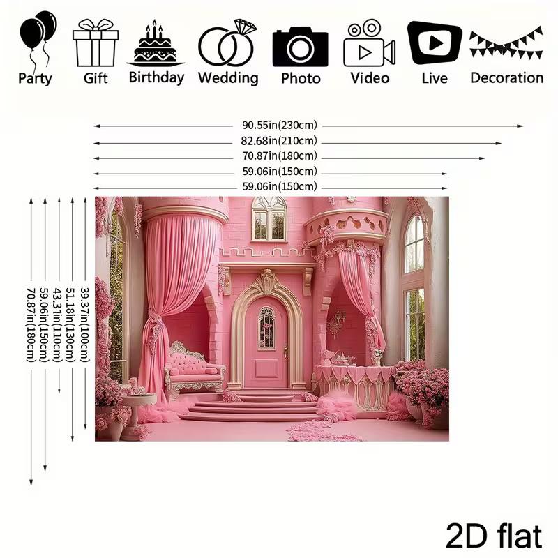 2D Fairy Tale Pink Castle Backdrop, Elegant Floral Princess Palace Background for Birthday & Studio