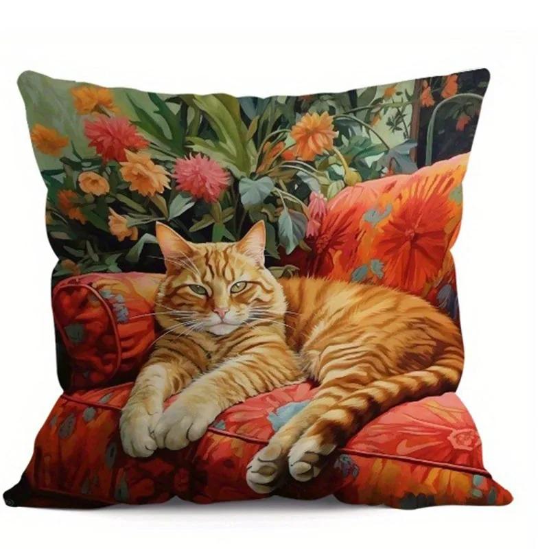 Heimdeko Niedliche Katzen in blühendem & blättrigem Garten Kissenbezüge Muster Kissenbezug Geeignet für Sofa Schlafzimmer Auto Kissenbezug