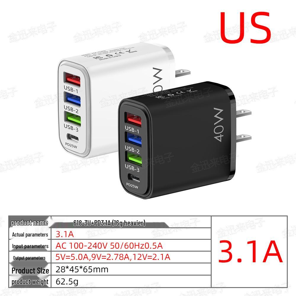 40W Multi-Standard Charger: 1 USB + 3 PD Ports for Mobile Devices (EU/US/UK Compatible)
