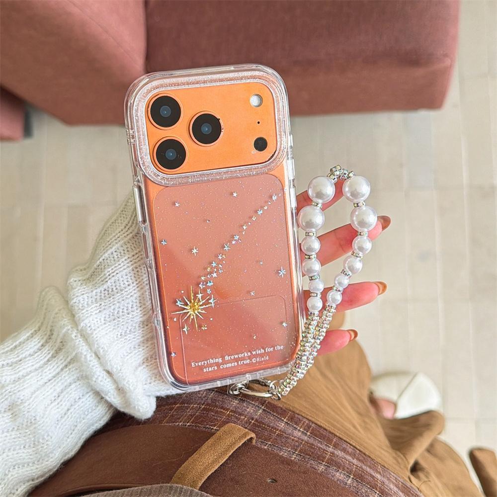 Fashion Glitter Star Clean Phone Case with Pearl Chain for iPhone 17 Pro 15 Pro 13 14 16 Pro Max 17 Cover Silicone Funda Cases