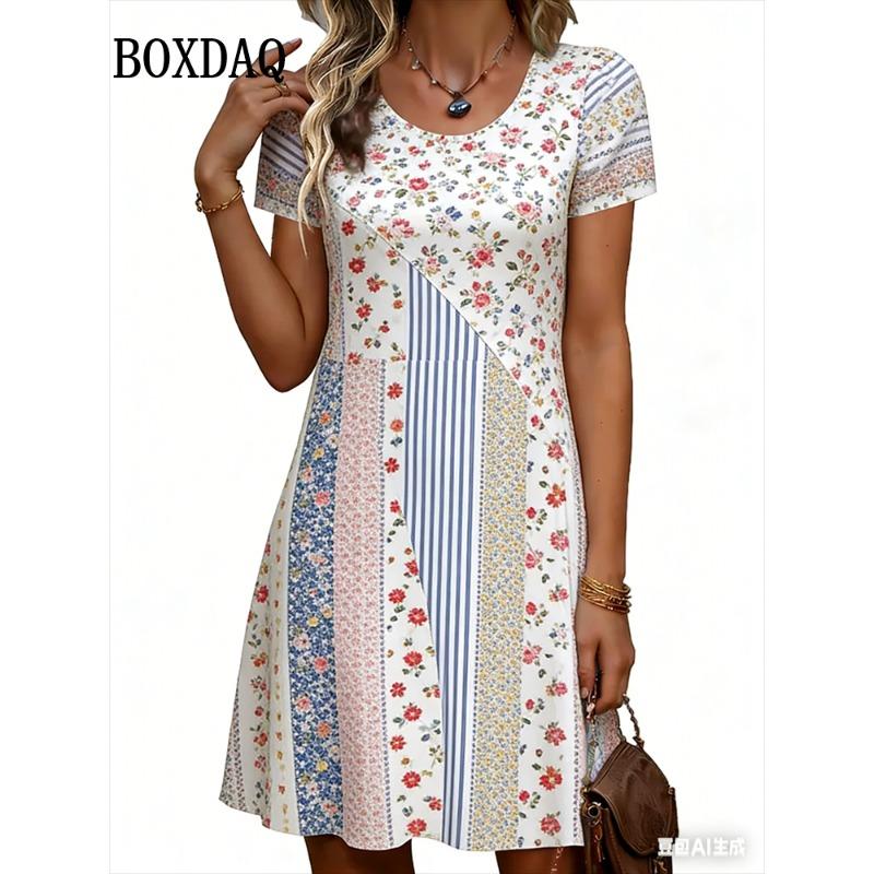 Summer New Women's Dresses 3D Striped Polka Dot Simple Printed Short Sleeve Dress Casual Fashion Plus Size Woman's Clothing