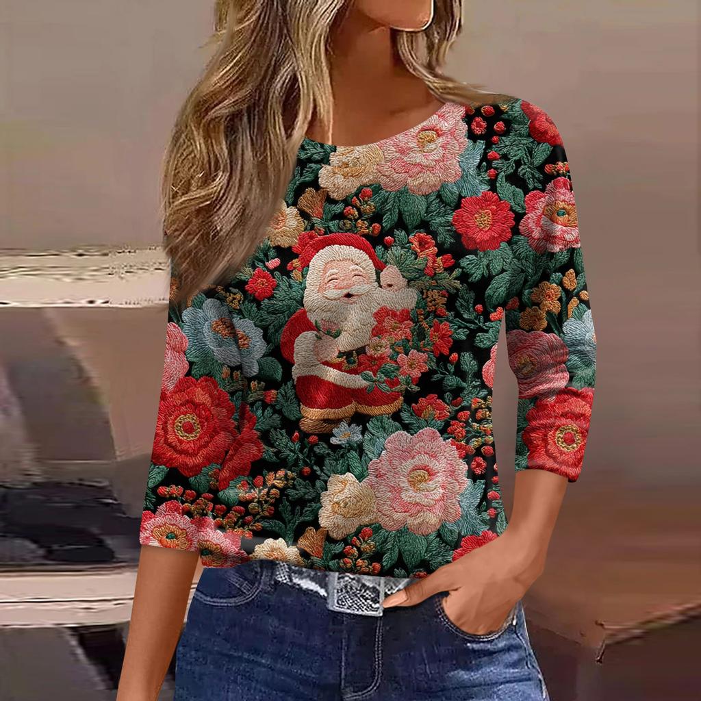 Women's Fashion Casual Three-quarter Sleeve Christmas Printed  Neck Top