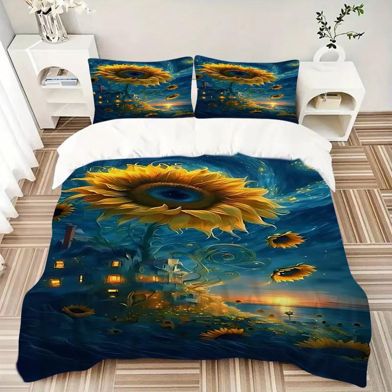 3pcs Sunflower Fantasy Bedding Set, Includes One Quilt Cover and Two Pillowcases (No Core), Festival Gift, Polyester Fabric, Anime Cartoon