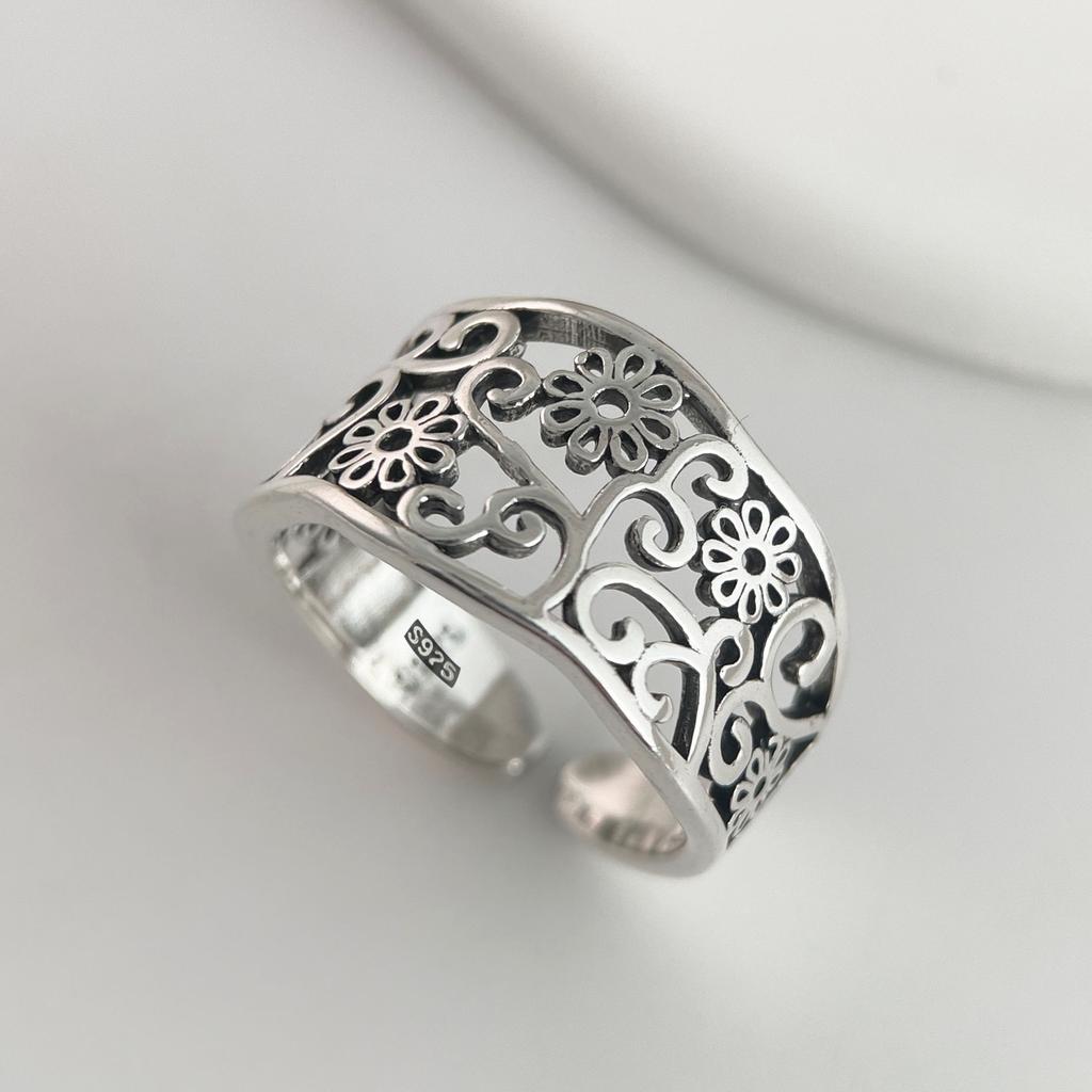 925 Sterling Silver Rings for Women Couple Minimalist Handmade Simple Hollow Flower Ring Fine Jewelry Gift Prevent Allergy