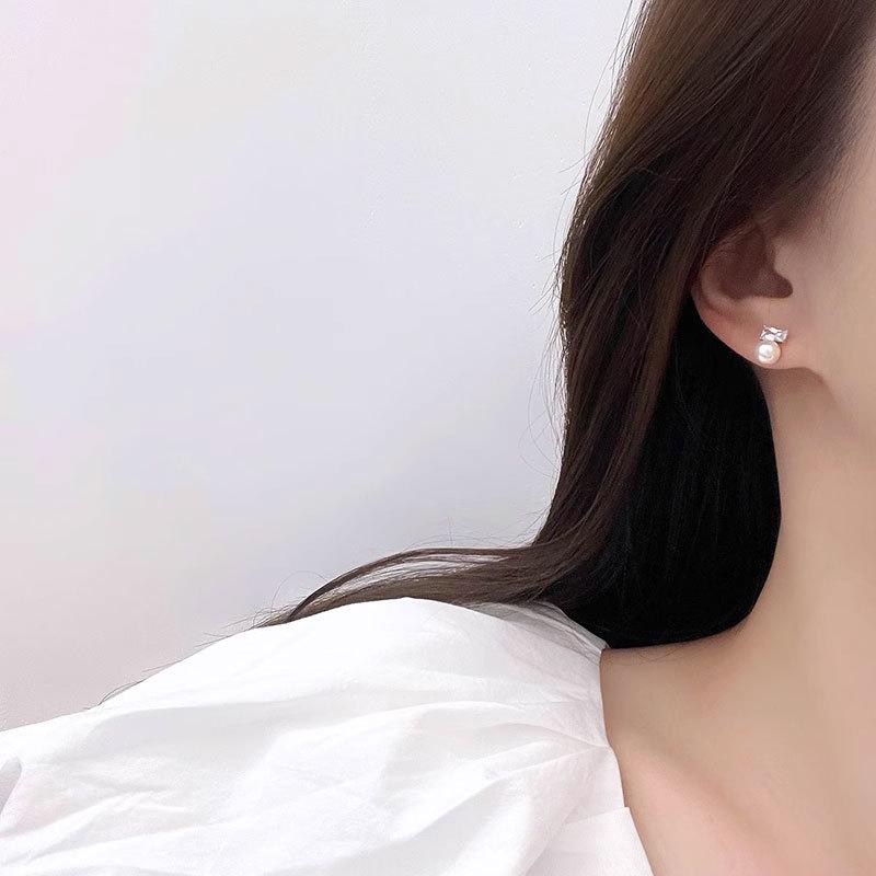 Square Square Gentle Style Pearl Earrings for Women Exquisite Versatile Earrings Square Diamond Pearl Earrings