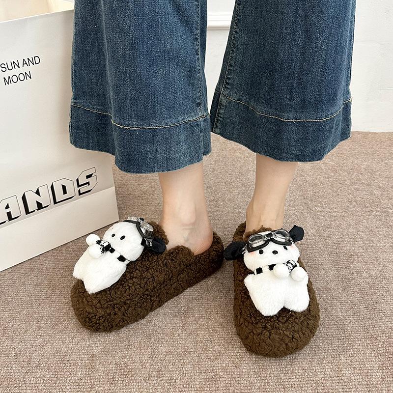 Cute cartoon glasses dog hair slippers women's 2025 autumn and winter new thick-bottomed versatile non-slip one-word cotton slippers