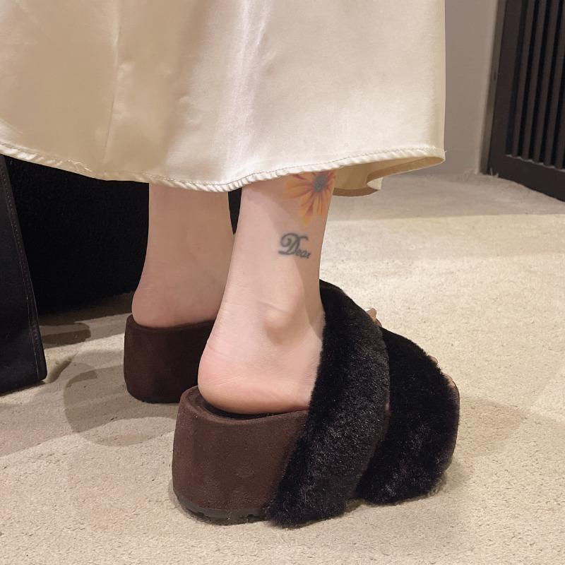 Women's Fashion Slippers Round Toe Platform Sole High Heels One-line Cotton Slippers Outdoor Fashion All-match Fleece Slippers