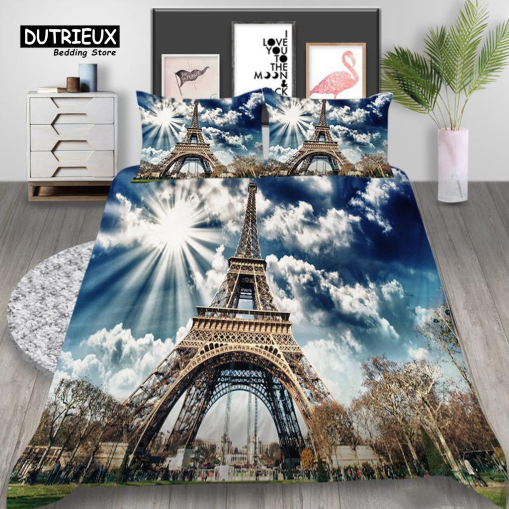 Eiffel Tower Duvet Cover Modern French Paris Cityscape Bedding Set 3D Europe Building Comforter Cover King For Kids Adults Decor