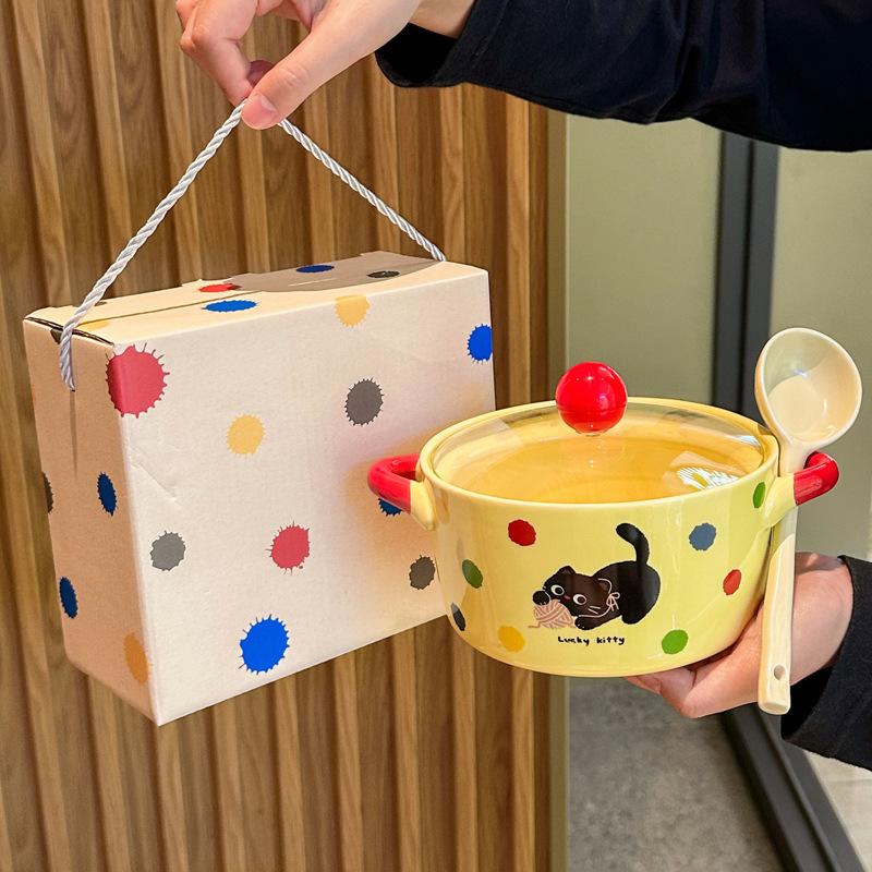 Cute Polka Dot Cat Instant Noodle Bowl Fruit Salad Dessert Bowl Student Dormitory Instant Noodle Bowl Girl Birthday Gift