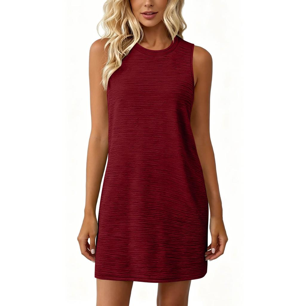 Sleeveless Casual Dress Women Summer Round Neck Solid Color Side Pocket Relaxed Fit Mini Dress