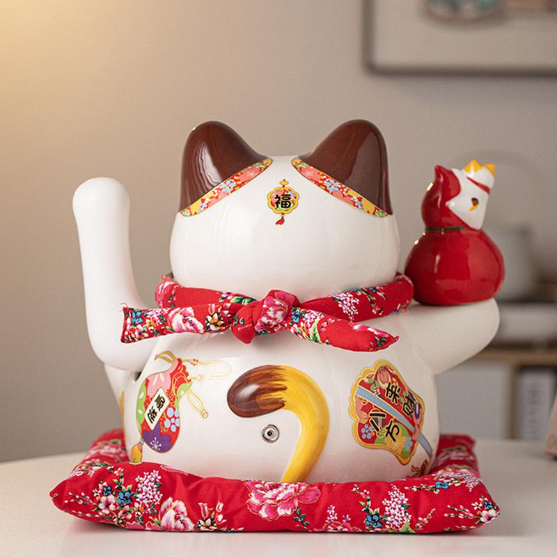 34cm Large Ceramic Maneki Neko Ornament Lucky Cat Statue Waving Arm Beckoning Fortune Cat Store Company Decoration Gift