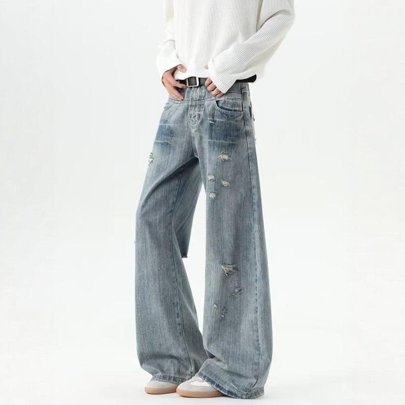 New retro blue wide-footed jeans for men and women, ripped bug bites, ripped holes, straight-up pocket pants