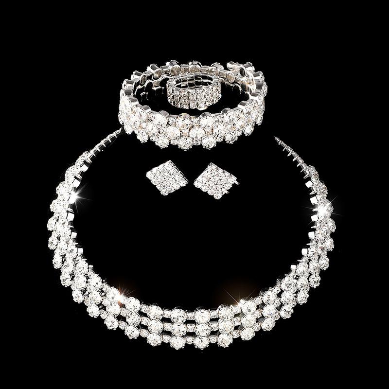 Diamond Necklace Earrings Ring Bracelet Four-Piece Set, Bridal Rhinestone Jewelry Set Ornament