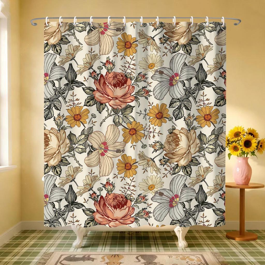 Vintage Watercolor Floral Shower Curtain for Bathroom,Boho Botanical Wildflower Shower Curta,Funny Waterproof Polyester