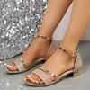 Women Summer Open Toe Gold Square Heel Sandals Ankle Strap Casual Low Heels Footwear