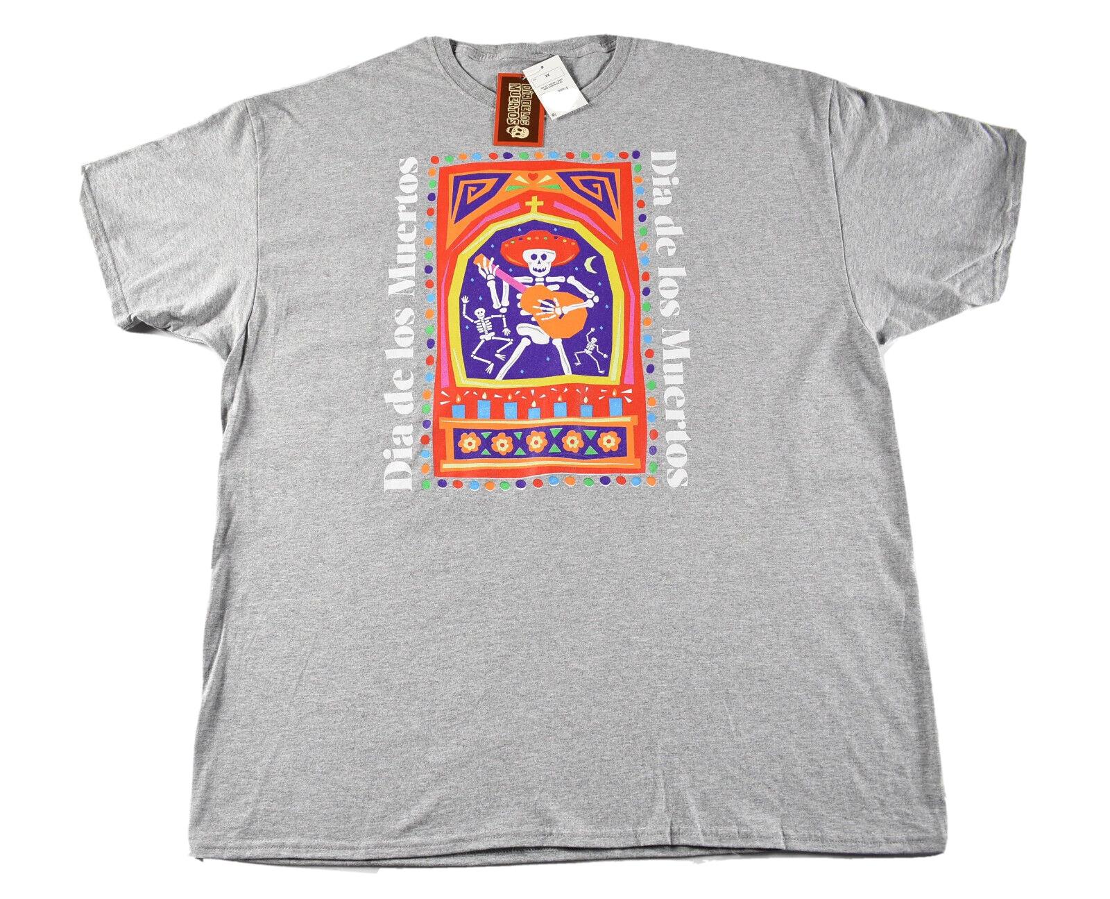 Dia De Los Muertos 2XL Gray T- Shirt Skeleton Guitar Sombrero Candles Flowers S
