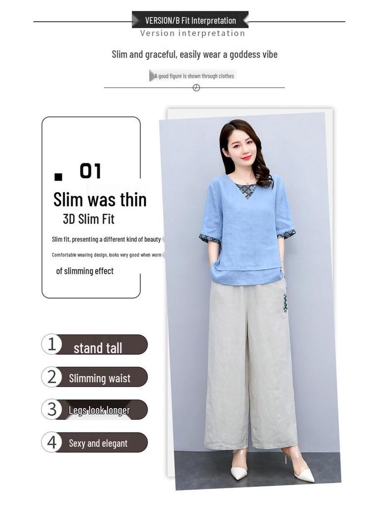 Summer 2025 Women's Retro Chinese Style Linen Top and Wide-Leg Pants Set
