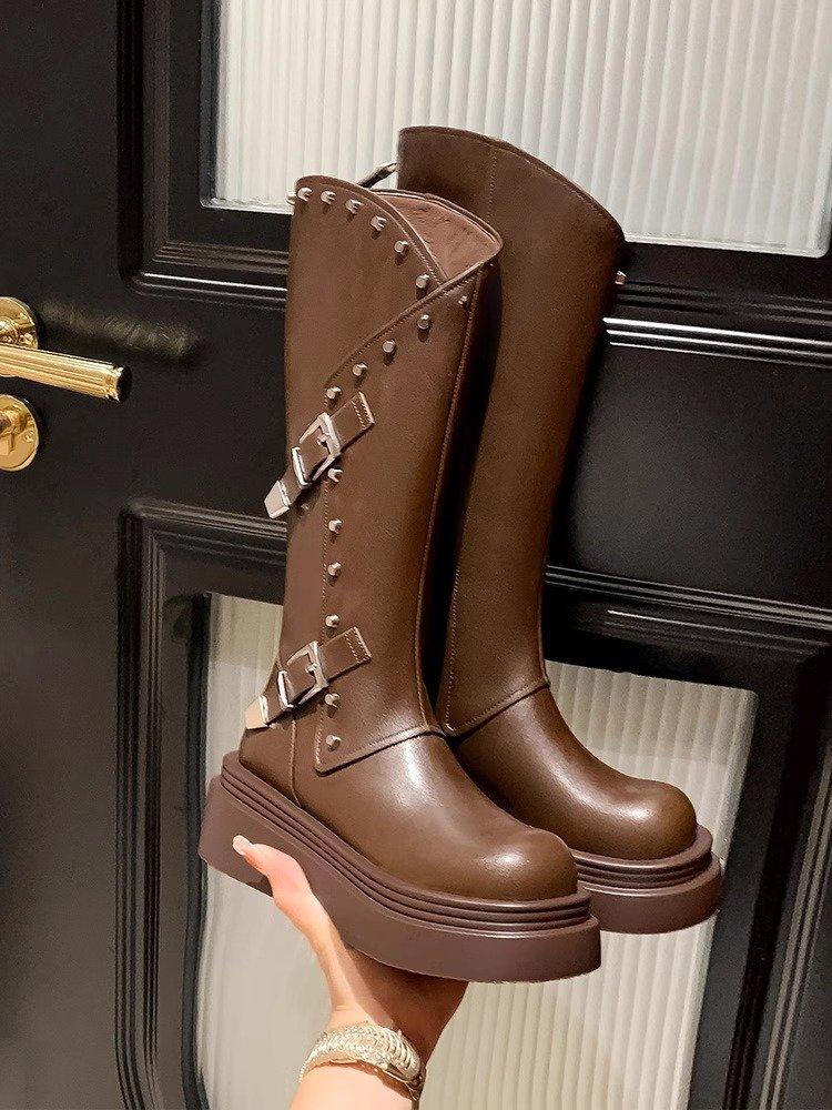 

British style thick-soled design, willow nails high-heeled knight boots for women s 2025 autumn and winter new round head retro high boots 40 коричневый