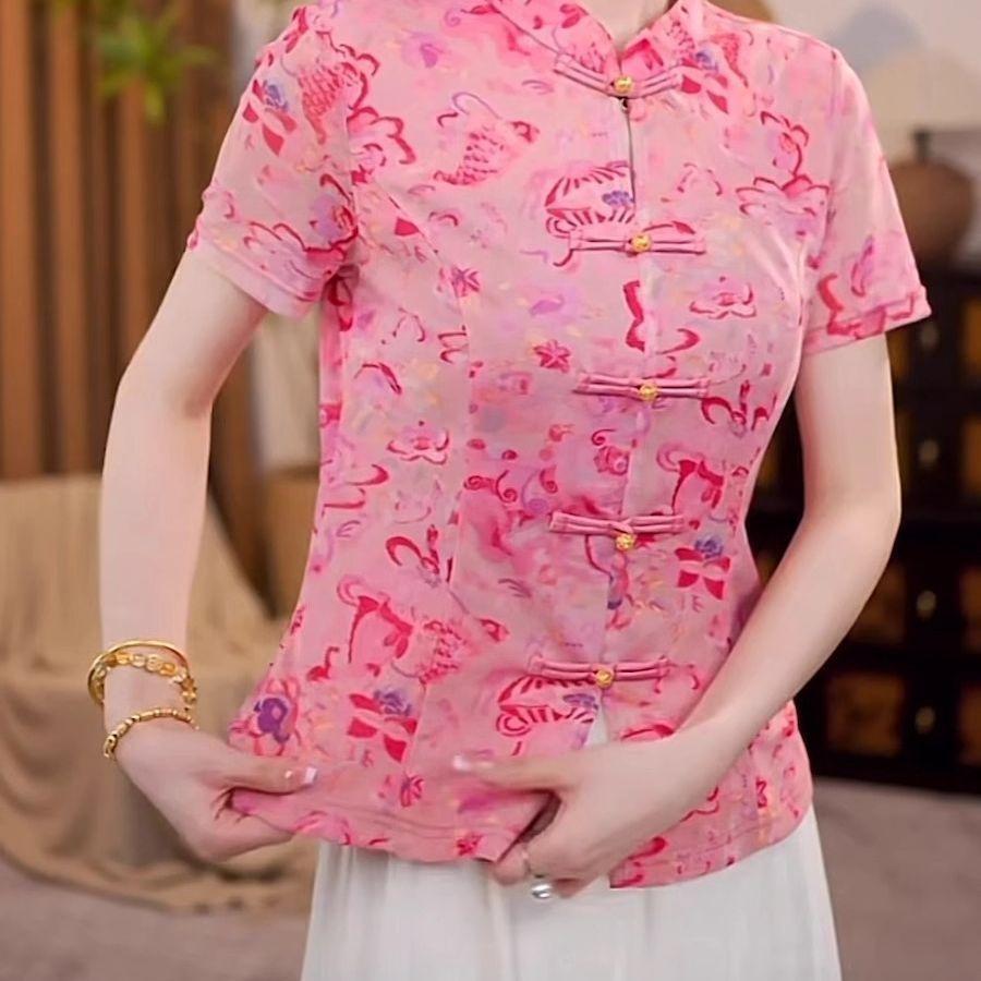 Short-sleeved shirt women's 2025 summer stand-up collar with printed shirt, pink front shoulder top
