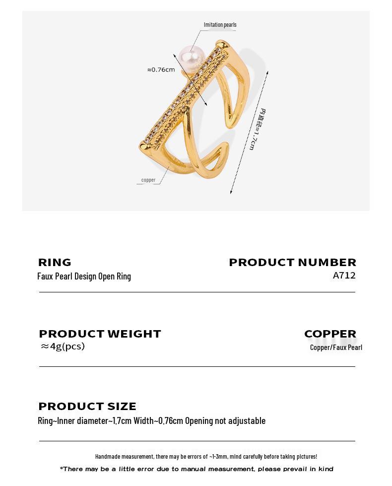 European & American Luxury Women's Ring with Zircon, Pearl, and Gold-Plated Copper Design.
