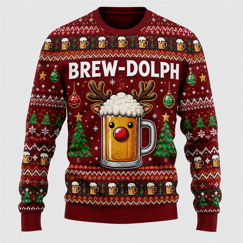 Modische Bier-Grafik Ugly Christmas Sweatshirts für Herren Lässige Feiertagskleidung Langarm Xmas Pullover Locker Atmungsaktiv Pullover 6XL black