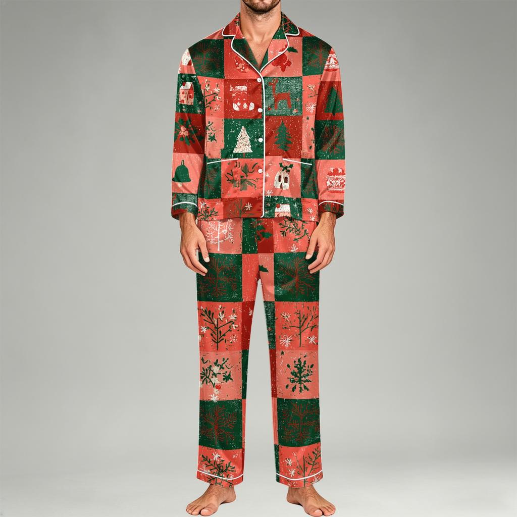 Men's Pajama Set Long Sleeve Button-Down Top and Pants Set for Home Sleepwear
