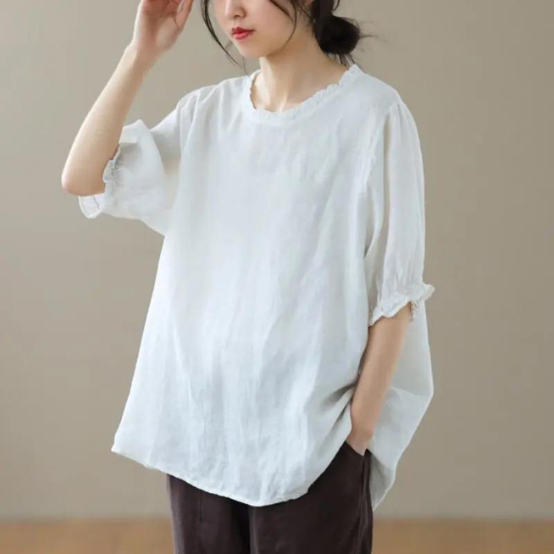 Женская льняная хлопковая блузка с оборками и пышными рукавами, повседневная свободная рубашка M белый