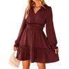 Women's Long-sleeved Casual Dress With Ruffled Edges, Fashionable V-neck, High Waist, A-line, Flowy And Short Bohemian