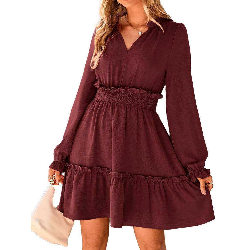Women's Long-sleeved Casual Dress With Ruffled Edges, Fashionable V-neck, High Waist, A-line, Flowy And Short Bohemian