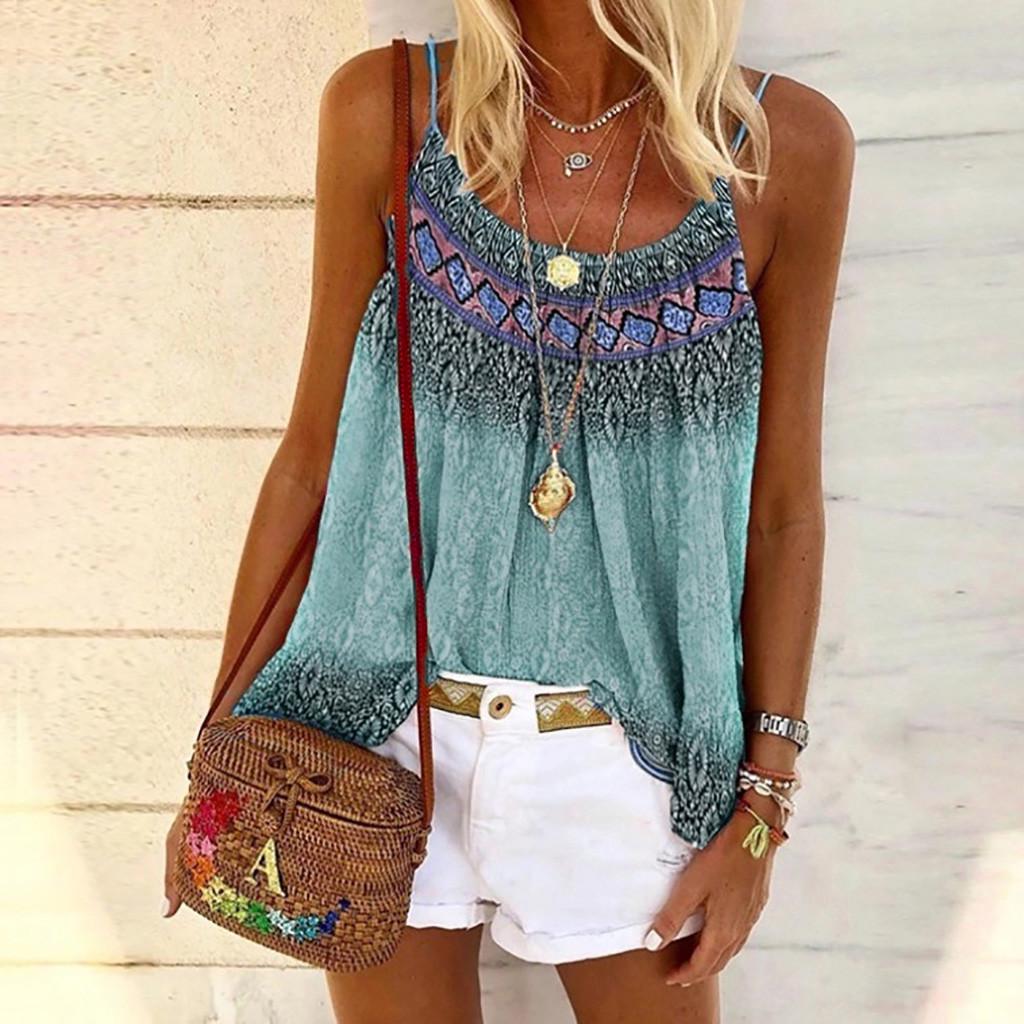 Women Casual Print Sleeveless Camisole Loose T-shirt Blouse Top