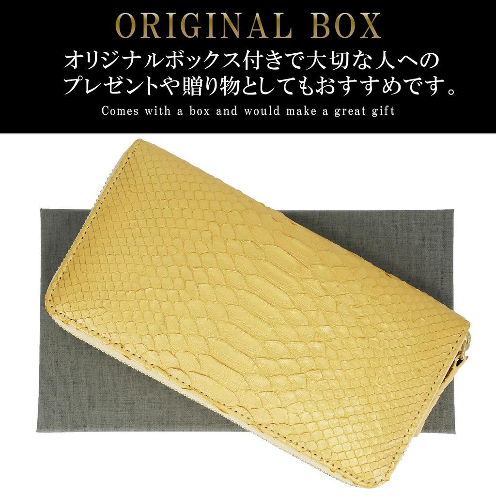 This gold long wallet for men and women is made from a single piece of genuine snakeskin leather. It features a round zipper, a coin purse, and card