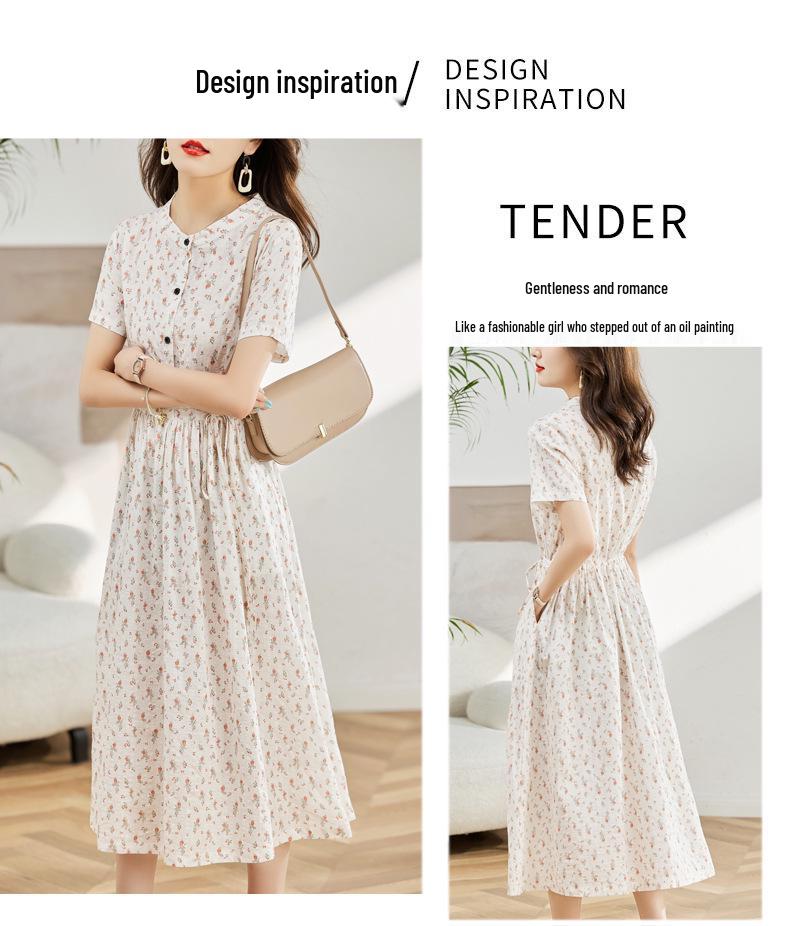 Dámské letní 2025 květinové bavlněné lněné šaty - Krátký rukáv, zeštíhlující pas, dlouhá délka, omlazující, módní ležérní oblečení pro matky
