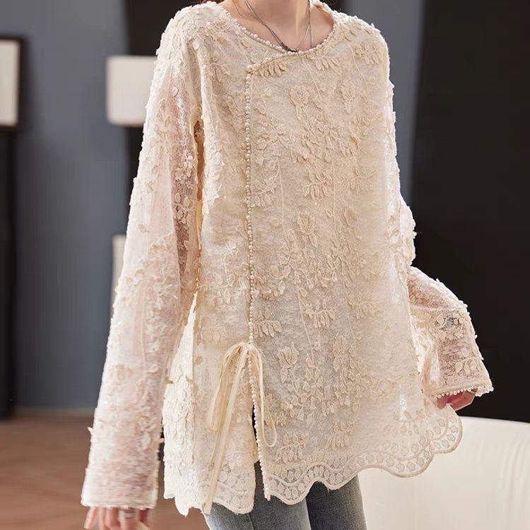 

Chic French Lace Loose-Fit Long-Sleeve Top M (Up to 100cm) брудно-білий
