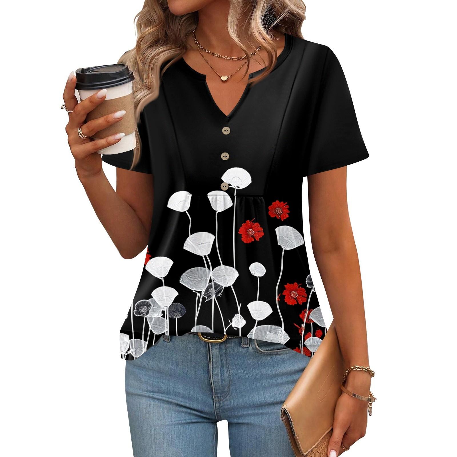 

Женские топы с коротким рукавом, летние футболки с V-образным вырезом, повседневная плиссированная блузка, свободный принт, базовая футболка XL белый