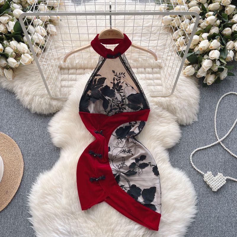 

Improved Version Halterneck Dress Velvet Asymmetrical Cheongsam Red L