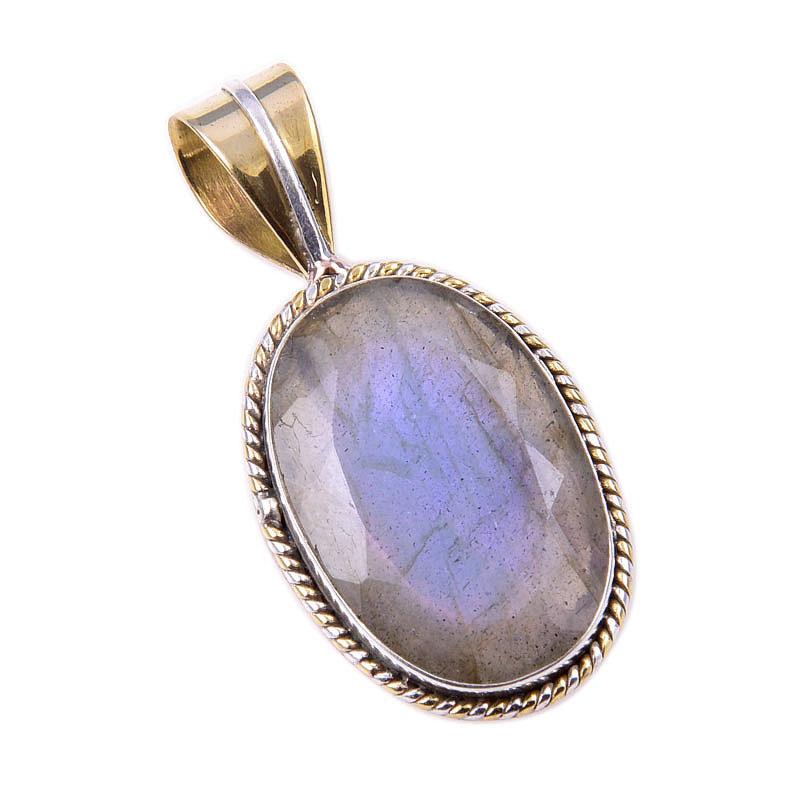 Natural Labradorite 925 Solid Sterling Silver Jewelry TwoTone Pendant 1.50" u5f60