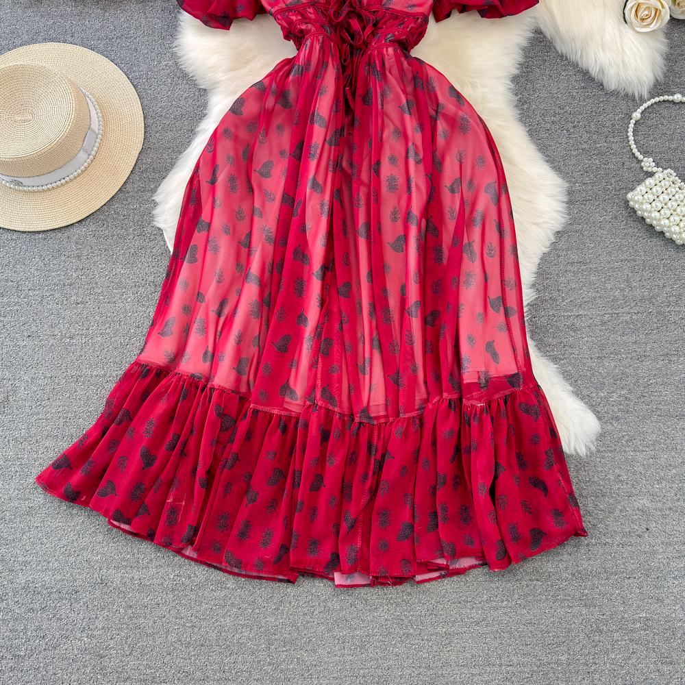 Fashion Dress for Women V Neck A-line Flounced Edge Printing Chiffon Vestidos Lace-up Folds Lining Dresses Summer