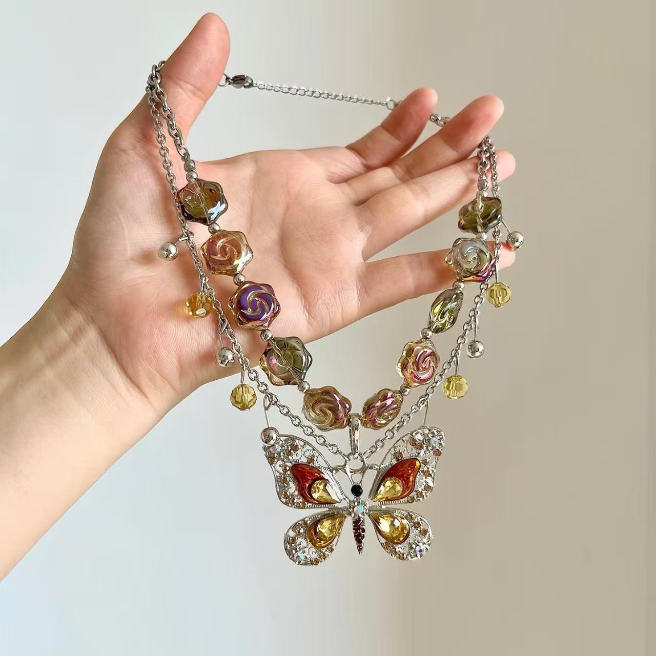 

Vintage Colorful Butterfly Beaded Necklace for Women Maillard Crystal Choker Light Luxury