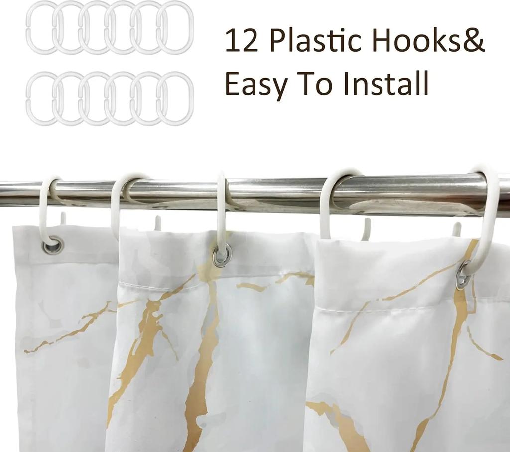 1Pc Waterproof Polyester Shower Curtain With 12 Plastic Hooks, Golden Marble Printed Bath Curtain Fabric Curtain For Bathroom