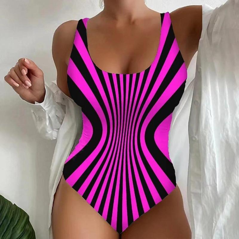Women's One-piece Neck Hanging One-piece Swimsuit, Irregular Stripe Design, High Waisted Swimsuit, Soft Fabric, for Beaches and Swimming Pools