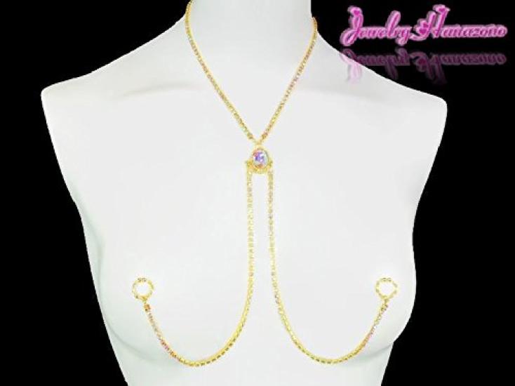 Hanazono Jewelry Oval Closed Diamond Lane Nipple Necklace with Crystal AB Gold Aurora Design, Nipple Accessory, Nipple Ring, Nipple Necklace,