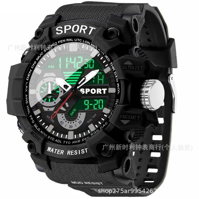 

Trendy youth sports watch dual display multi-function cool junior high school students waterproof luminous alarm clock electronic hand by чёрный