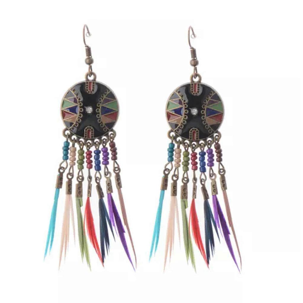 RSAMD Bohemian Boho Flower Carved Round&Colorful Feather Tassel Women Hook Earrings-14#