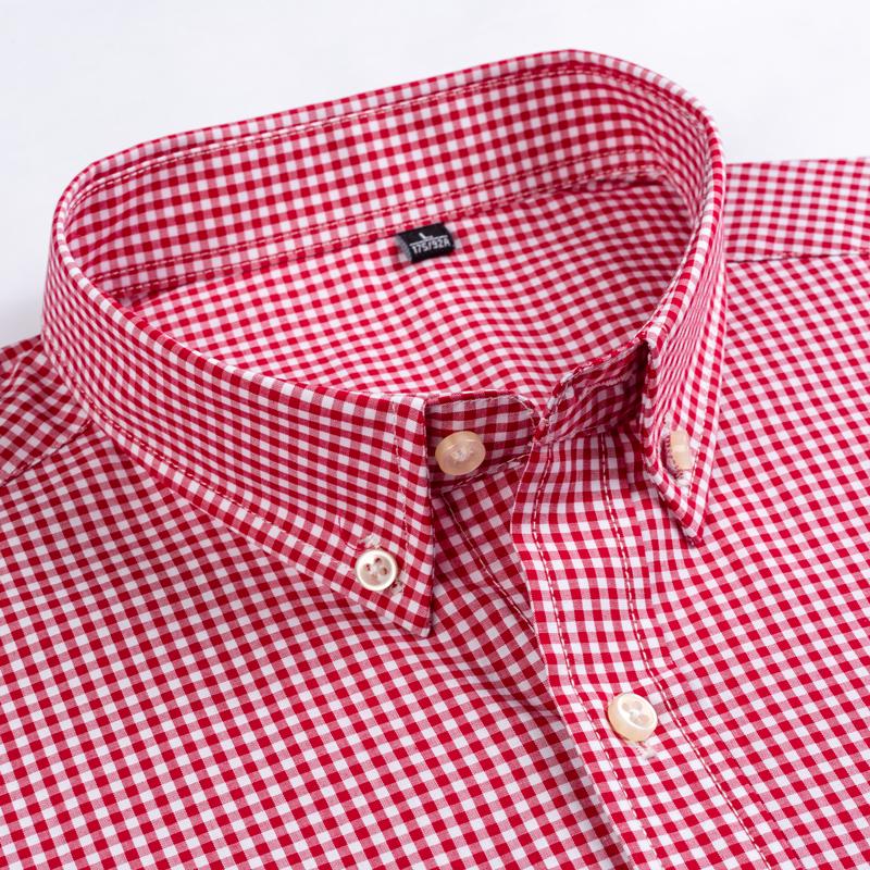 Man Standard-Fit Long-Sleeve Micro-Check Shirts Patch Pocket Thin Soft 100% Cotton White/red Lines Plaid Casual Versatile Shirt